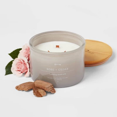 14oz Lidded Gray Glass Jar Crackling Wooden 3-Wick Candle With Clear Label Rose + Cedar - Threshold™ 2 14oz Lidded Gray Glass Jar Crackling Wooden 3-Wick Candle With Clear Label Rose + Cedar - Threshold™ - Image 2