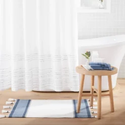 Home Comprehensive Store 28 20" X 32" Color Block Stripe Tassels Bath Rug Faded Blue/White - Hearth & Hand™ With Magnolia