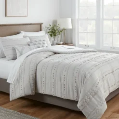 New Release 15 4pc Clipped Stripe Poms Comforter Bedding Set - Threshold™