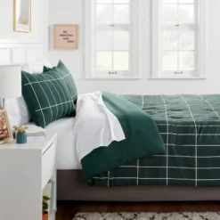 New Release 9 Grid Print Microfiber Reversible Comforter & Sheet Set Dark Green - Room Essentials™